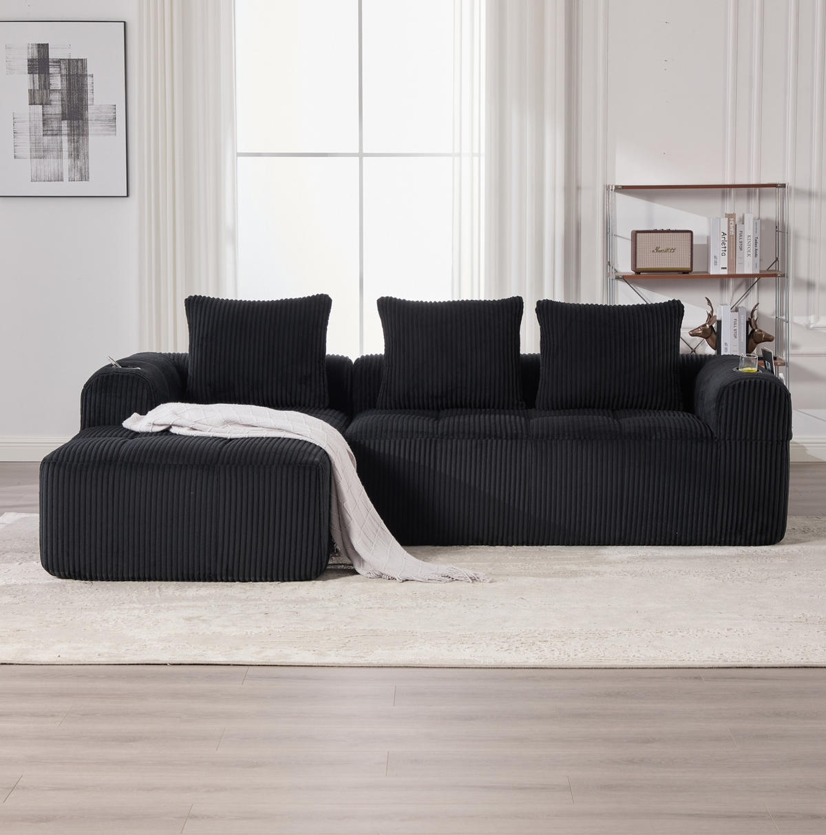 KOMPAKTSOFA aus Cord 253x158x61 cm in Schwarz mit Seitenfächern & Becherhaltern - Schwarz, Textil (158/61/253cm) - Modfu