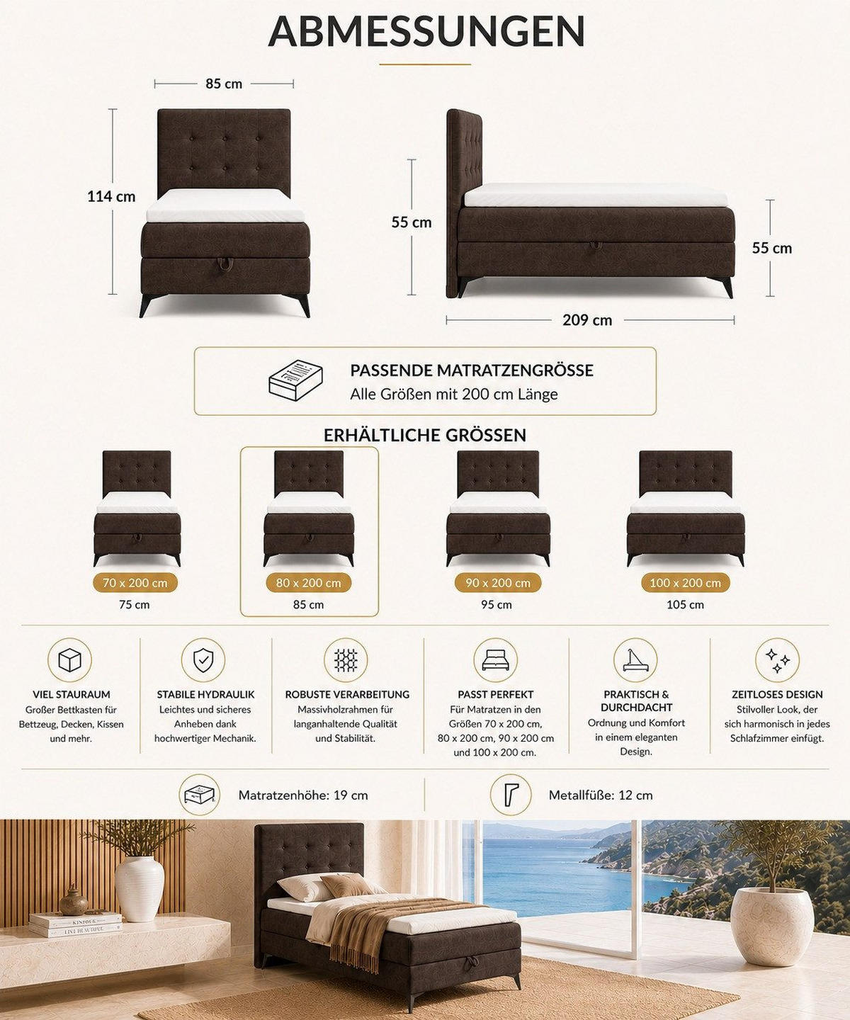 BOXBETT K15 Single SLIM mit Bettkasten & Bonell-Federkern ohne Topper - Dunkelbraun, Holz/Textil (200/80cm) - Best For Home