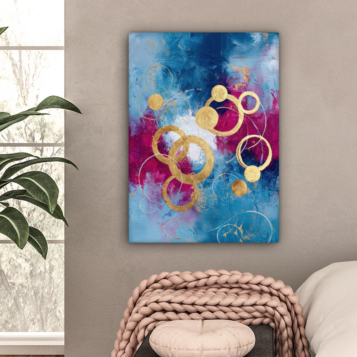 LEINWANDBILD Kreise - Gold - Abstrakt Wandbild Wohnzimmer 60x80 cm - Blau, Textil (60/80cm) - MuchoWow