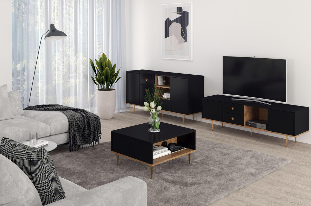 SIDEBOARD Harmoni, Schwarz, Eiche, Goldene Details - Goldfarben/Schwarz, Holzwerkstoff/Metall (160/83/45cm) - Skandica