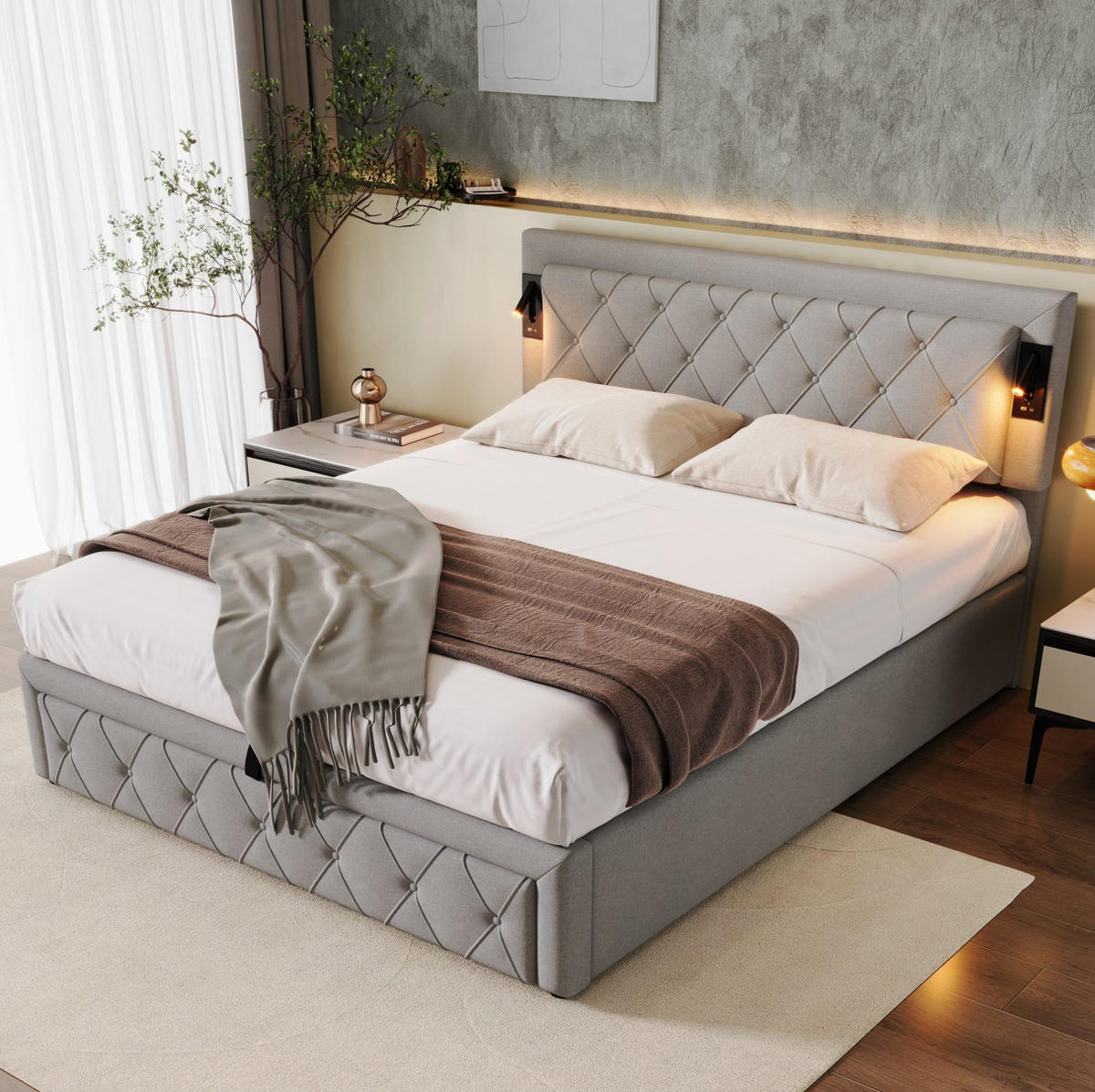 POLSTERBETT 160/200 cm Grau mit Downlight und USB-Schnittstellen - Grau, Textil (160/200cm) - OKWISH