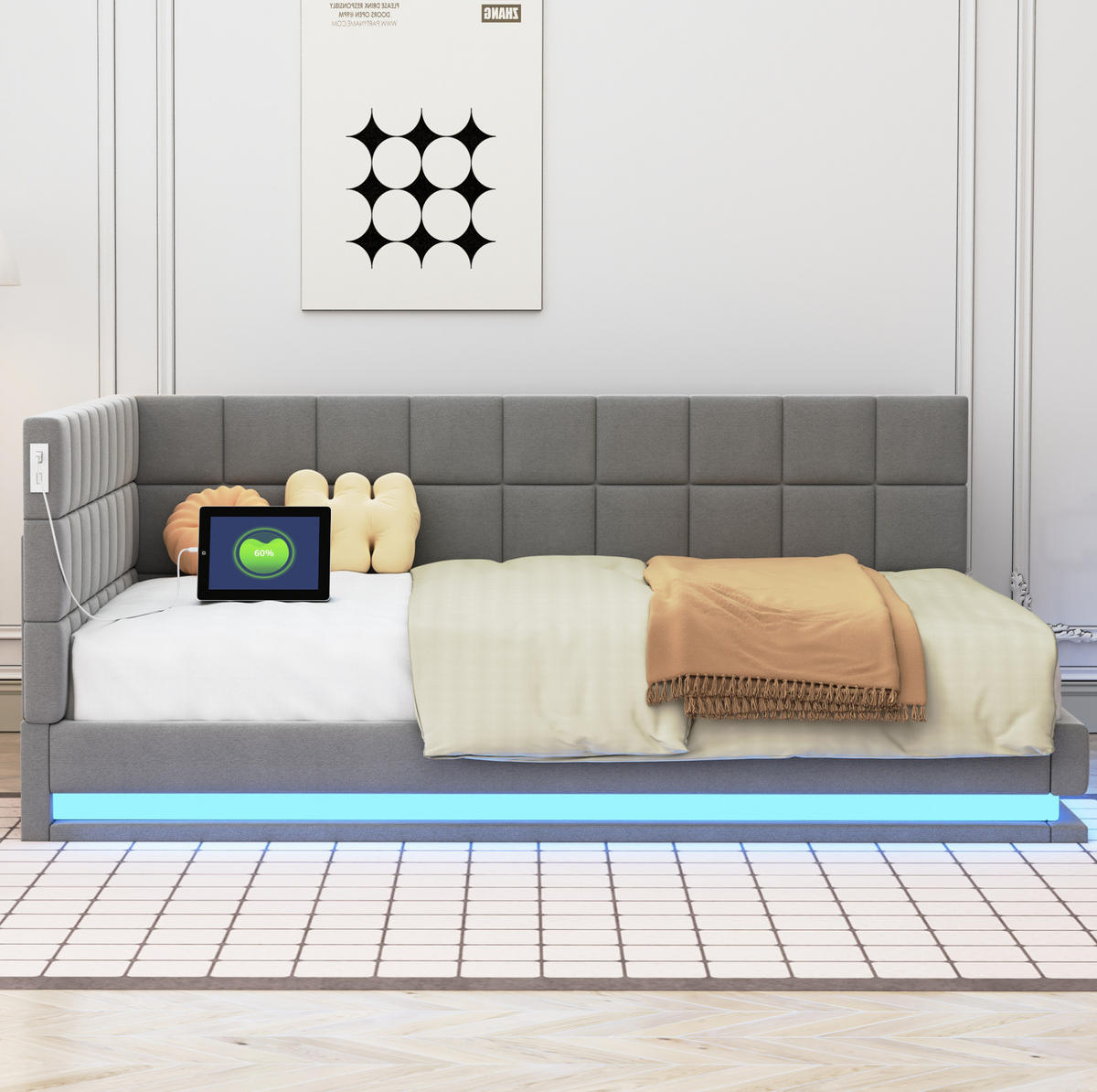 POLSTERBETT 140/200 cm Grau aus Leinen mit LED und USB-Steckdose - Grau, Textil (140/200cm) - OKMYHOME