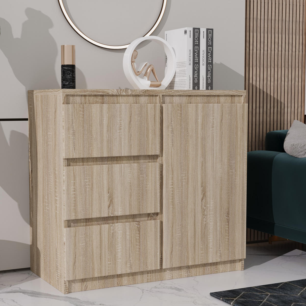 KOMMODE MERAVIGLIA 80/85/33 cm mit 3 Schubladen 1 Türen Sonoma Eiche - Sonoma Eiche, Holzwerkstoff (80/85/33cm) - MASSENO