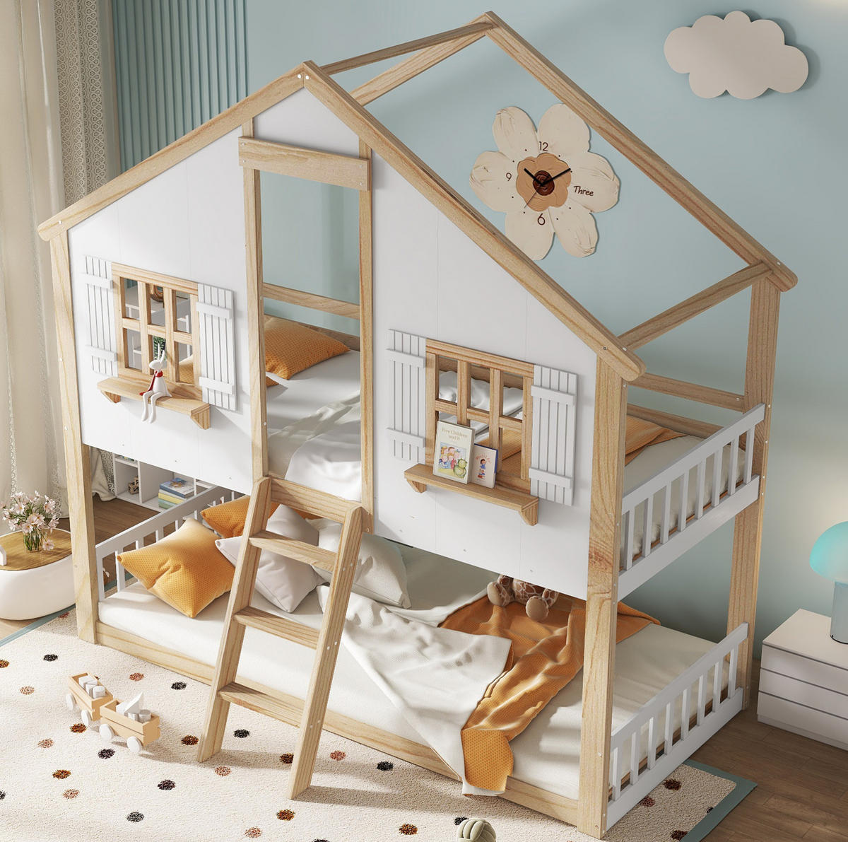 POSCHODOVÁ posteľ 90/200 cm biela/prírodná s oknami a strechou z masívneho dreva a MDF - biela, kompozitné drevo (90/200cm) - OKWISH