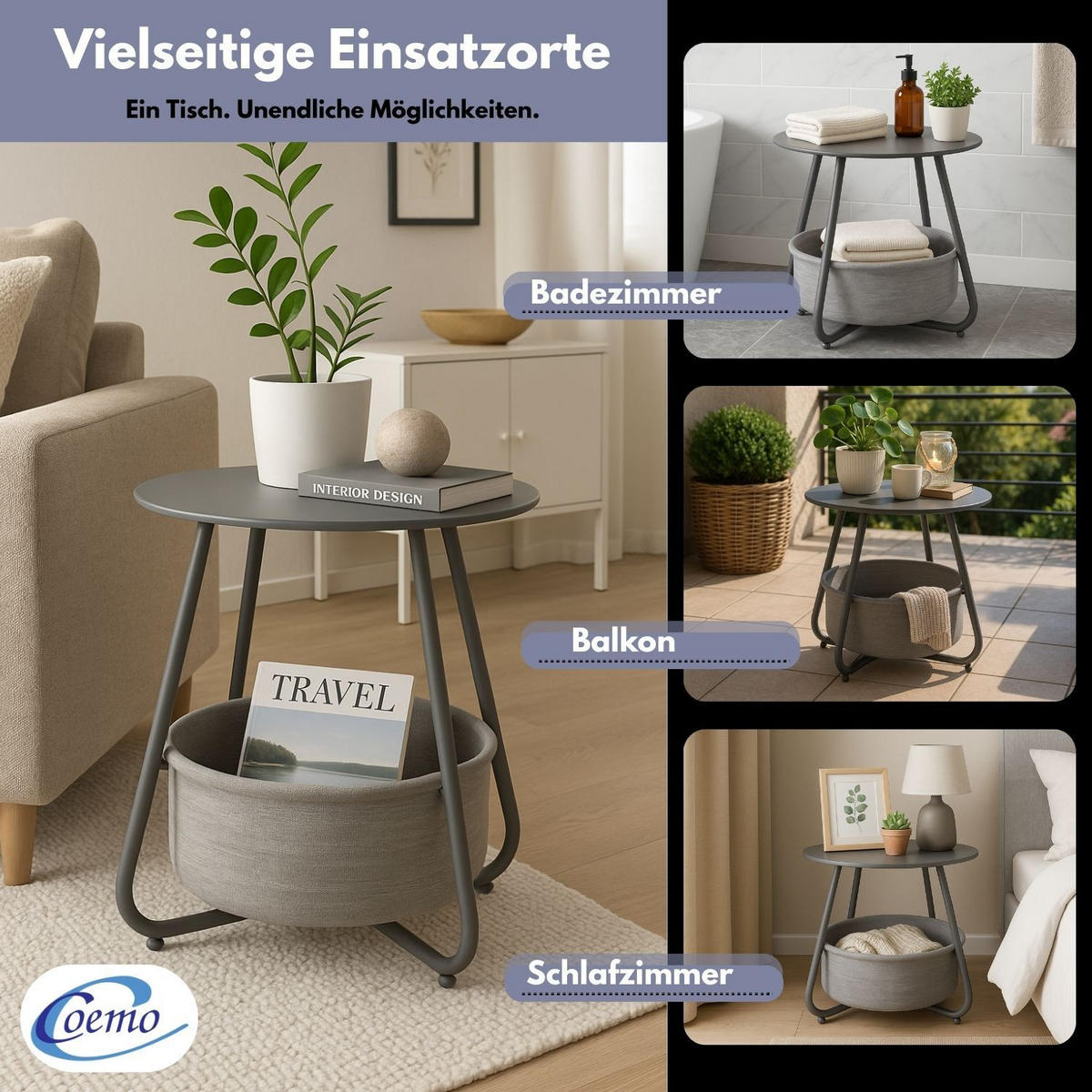 COUCHTISCH KOSI Metall mit Aufbewahrungskorb Canvas Grau - Grau, Metall (50/50/45cm) - Coemo