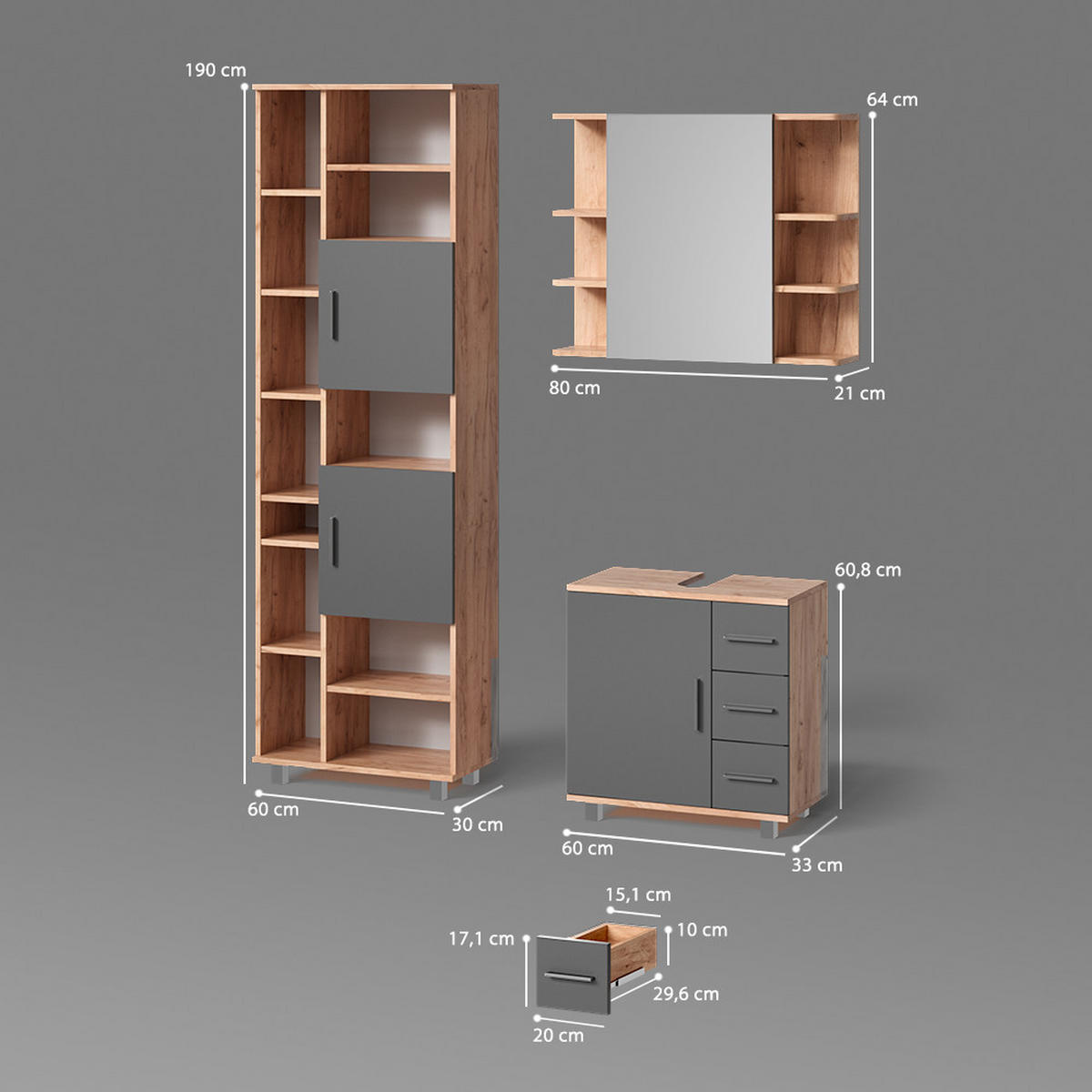 BADMÖBEL-SET Eisak Eiche 3 Teile, mit Unterschrank 60 cm - Eichefarben/Anthrazit, Holzwerkstoff (60/60/33cm) - Livinity®