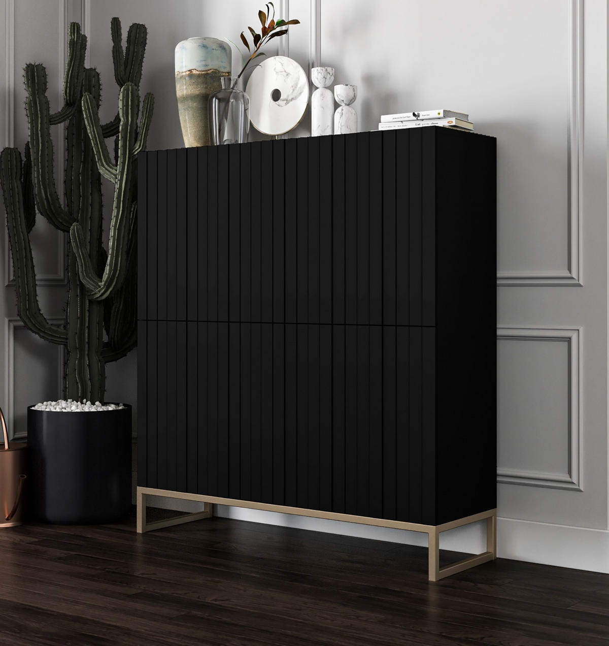 KOMMODE Elpis 4D Schwarz Matt Glamour 112 cm - Goldfarben/Schwarz, Holzwerkstoff/Metall (112/126/36.5cm) - Meble Lindner