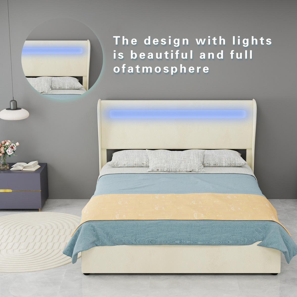 STAURAUMBETT 140/200 cm DE-33013 mit LED-Kopfteil und Gaslift-Stauraum Beige - Beige, Metall (140/200cm) - ComfortXL