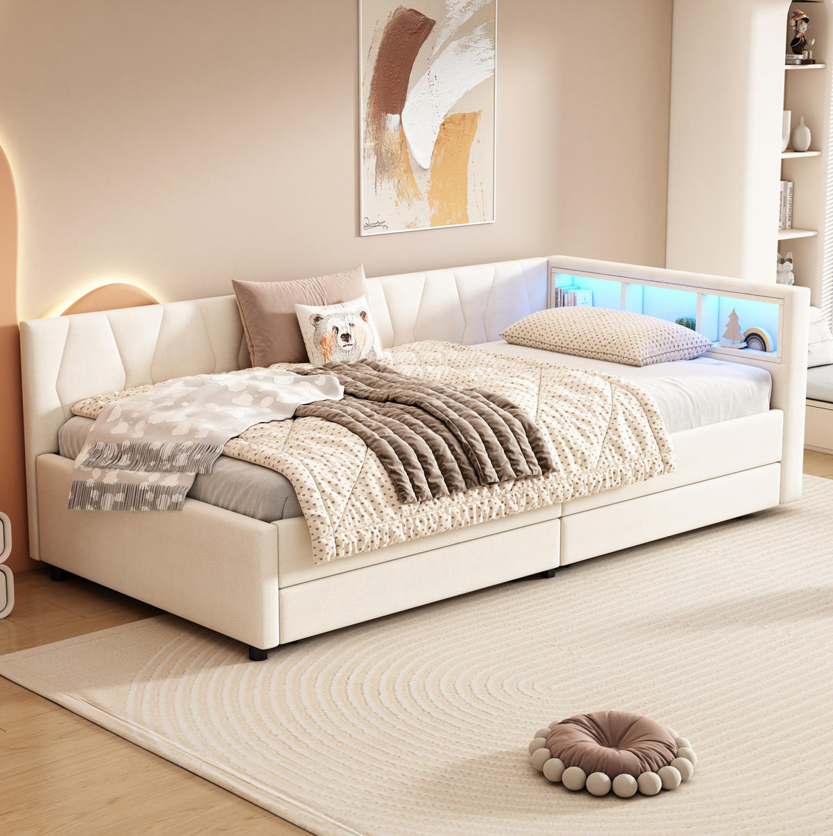 POLSTERBETT 90/200 cm Beige aus Leinen und MDF mit LED-Lichtleiste - Beige, Textil (90/200cm) - OKMYHOME