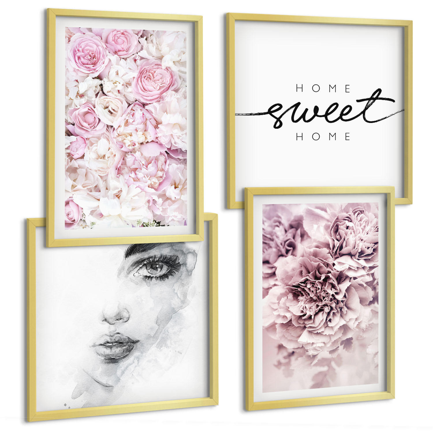 BILDER SET 4er Set - 50x50 cm & 40x60 cm Goldrahmen - Pfingstrosenporträt einer Frau zu Hause - Goldfarben, Kunststoff (50/50cm) - TULUP