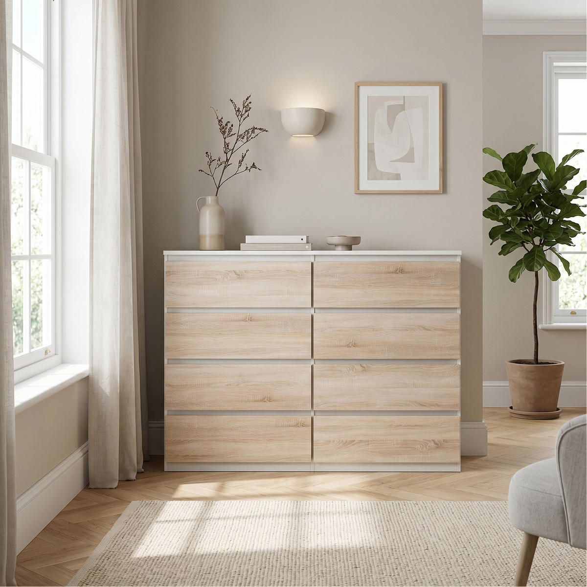 KOMMODE NUDO 120/101,5/39cm mit 8 Schubladen Türen Weiß - Weiß/Sonoma Eiche, Holzwerkstoff (120/101.5/39cm) - MASSENO