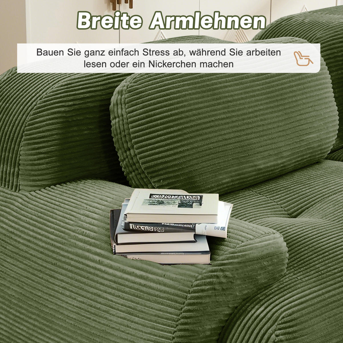 SOFA 298/103/70 cm in Grün aus Cord mit rutschfester Unterseite - Grün, Textil (103/70/298cm) - Flora Grace