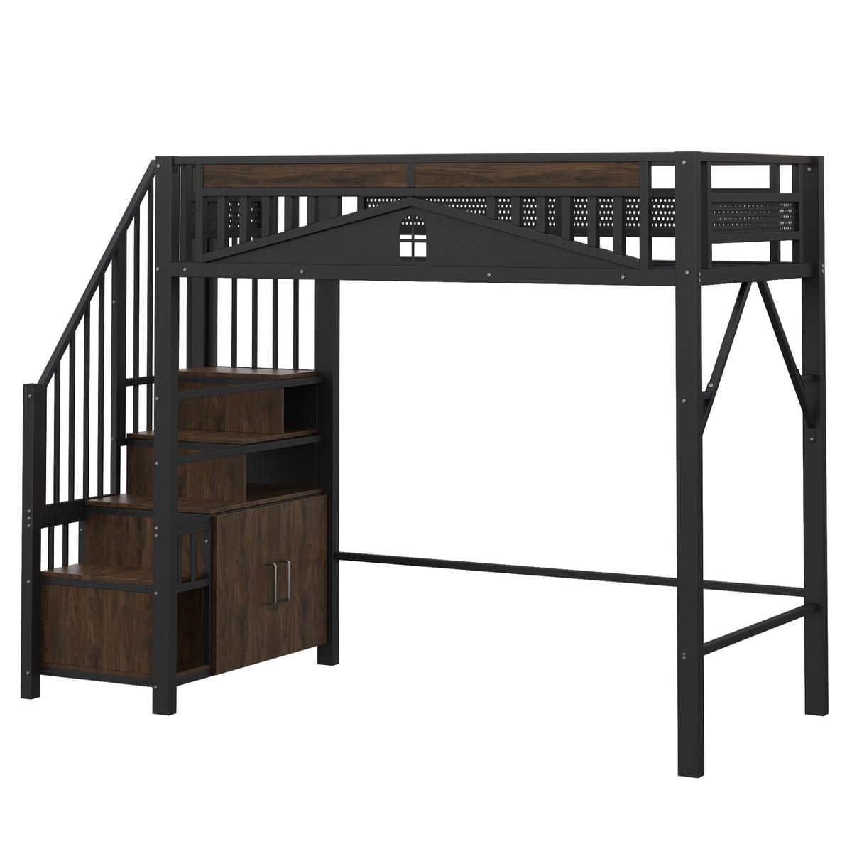 HOCHBETT aus Metall und Holz 90x200 cm Schwarz mit Stauraumtreppe und Fensterdesign - Schwarz, Metall (90/200cm) - IVMEU