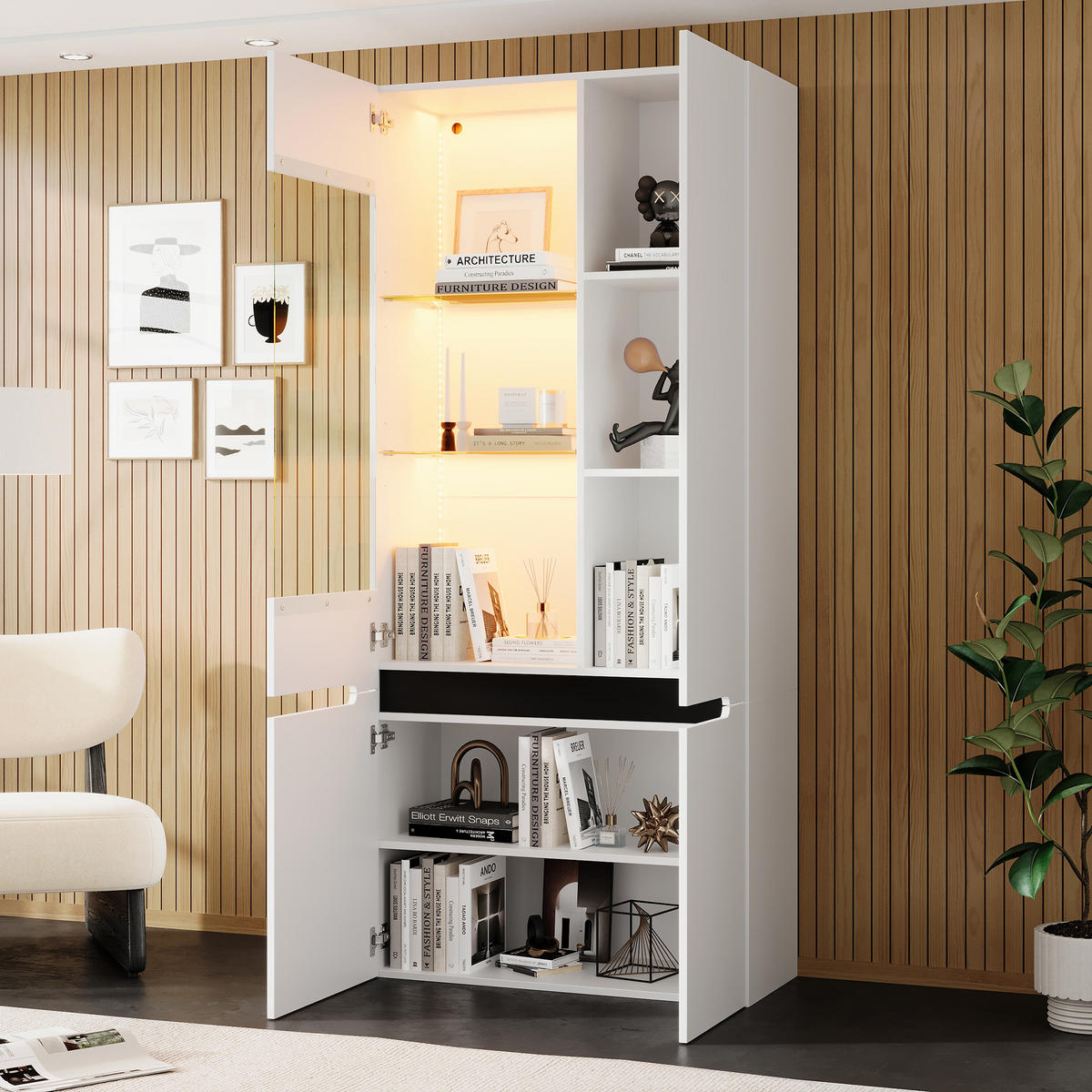 VITRINE 80x35x180 cm Weiß mit LED und 4 Glastüren - Weiß, Holzwerkstoff (80/180/35cm) - FLIEKS