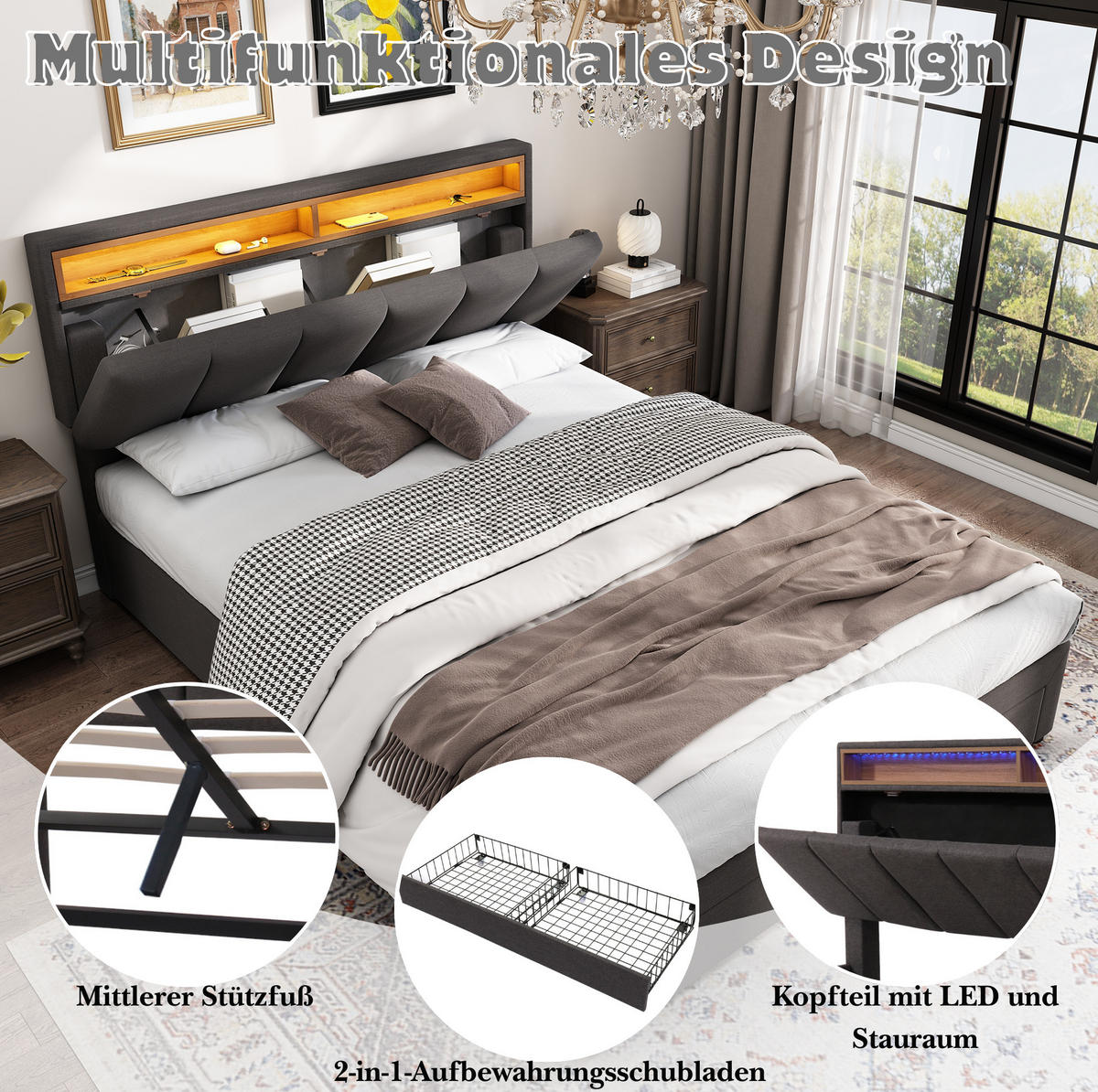 POLSTERBETT 140/200 cm mit LED-Beleuchtung, Lattenrost und Stauraum, Leinenoptik, Grau - Grau, Textil (140/200cm) - Redom