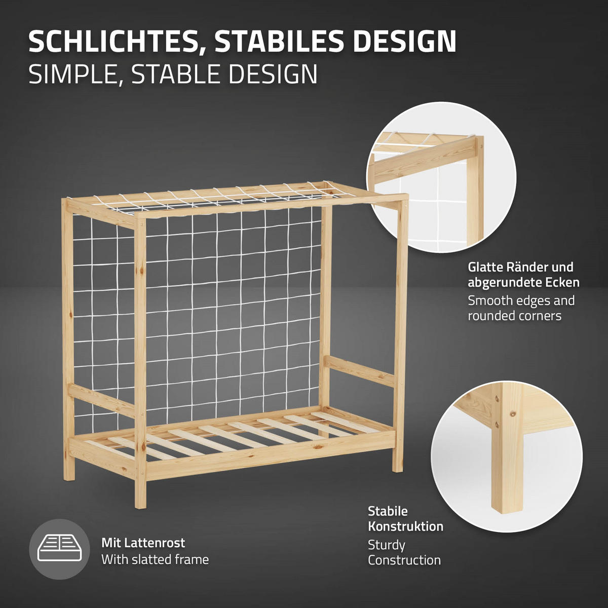 KINDERBETT Fußballtor mit Matratze 70x140 cm Natur Kiefernholz - Braun, Holz (70/140cm) - ML-DESIGN