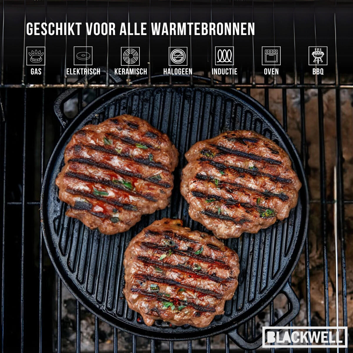 GRILLPLATTE BBQ / Backplatte aus Gusseisen Ø 30 cm – ohne Antihaftbeschichtung – beidseitig - Schwarz, Keramik (1/2/3cm) - Blackwell