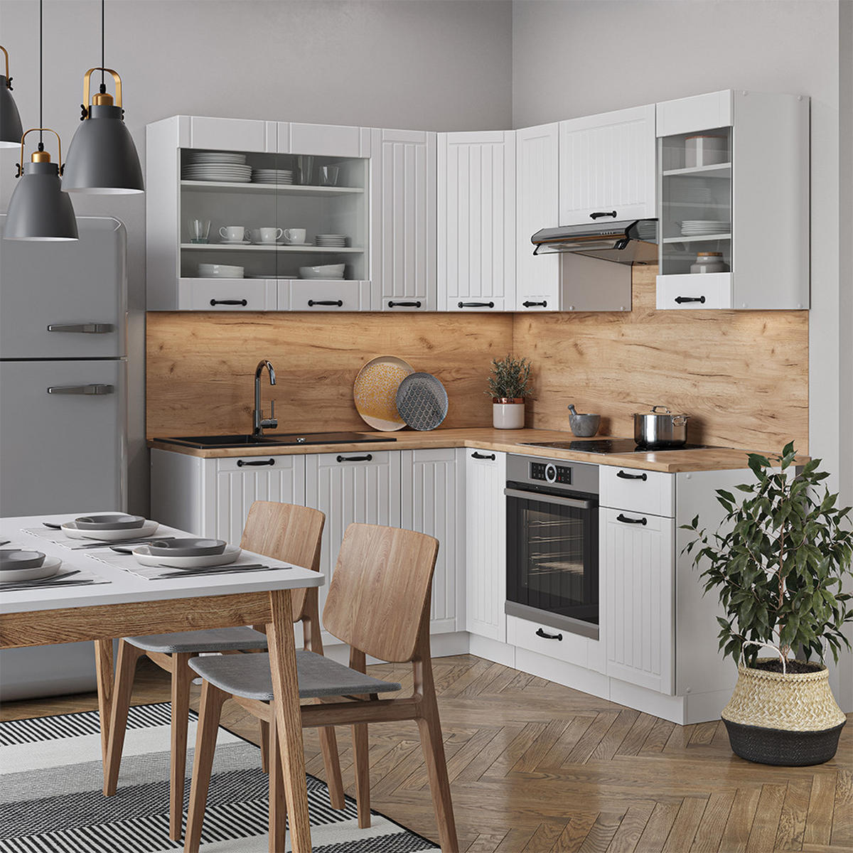 ECKKÜCHE Fame-Line Weiß Landhaus/Weiß 160 x 190 cm, AP Marmor - Creme/Weiß, Holzwerkstoff (190/81.6/60cm) - Vicco