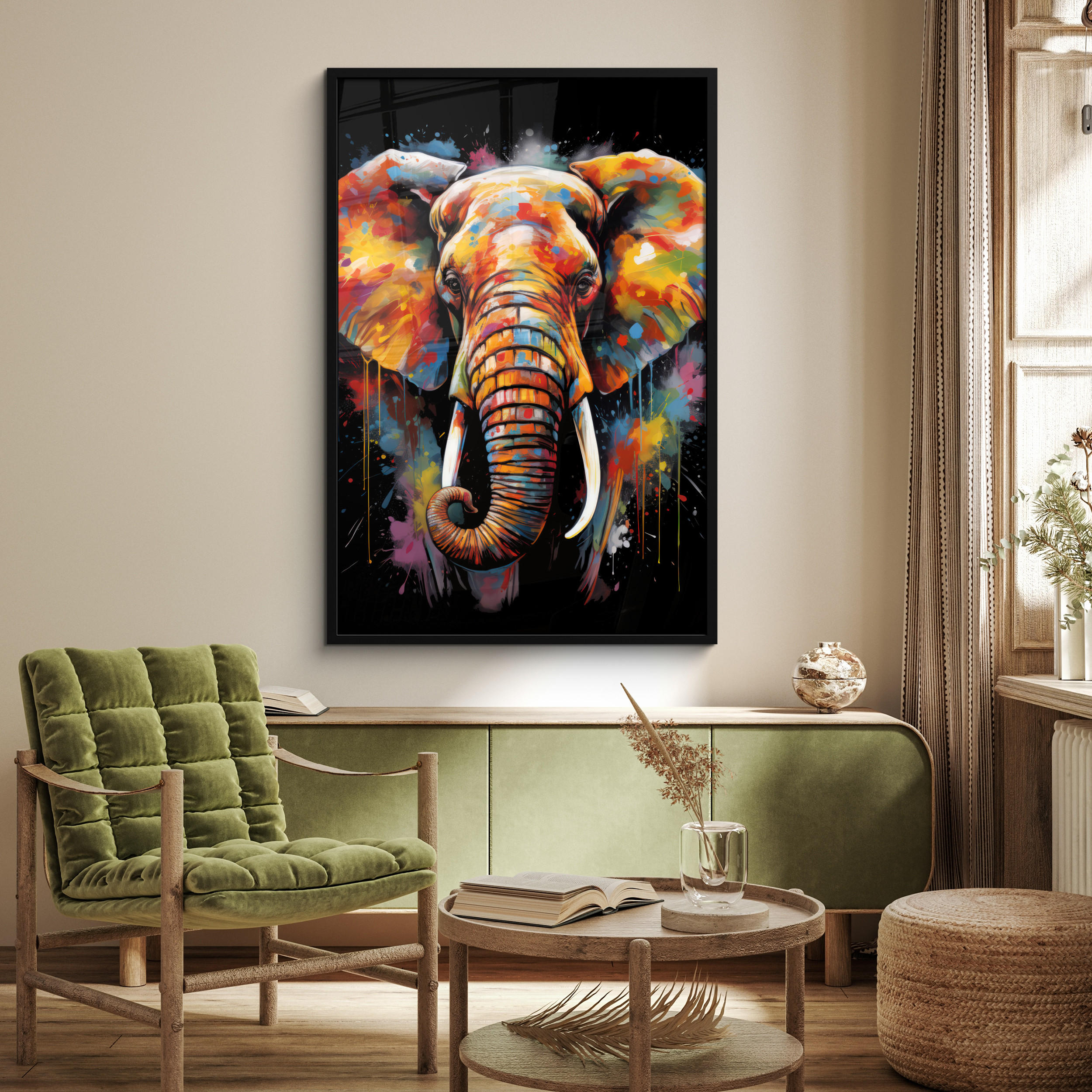 GERAHMTES BILD Elefant - Graffiti - Schwarz - Tiere - Farben 80x120 cm - Schwarz, Papier (80/120cm) - MuchoWow