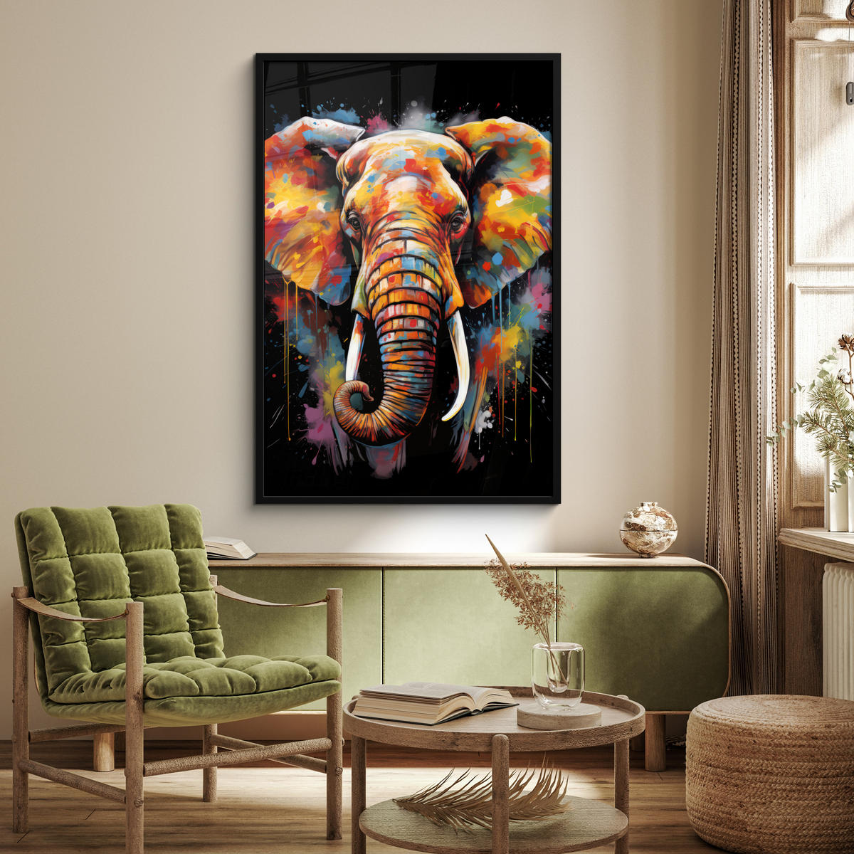 GERAHMTES BILD Elefant - Graffiti - Schwarz - Tiere - Farben 80x120 cm - Schwarz, Papier (80/120cm) - MuchoWow