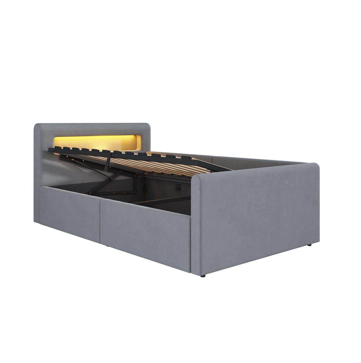 POLSTERBETT 90/200 cm in Hellgrau mit Stauraum, LED-Beleuchtung und USB-Anschluss - Grau, Textil (90/200cm) - Flora Grace