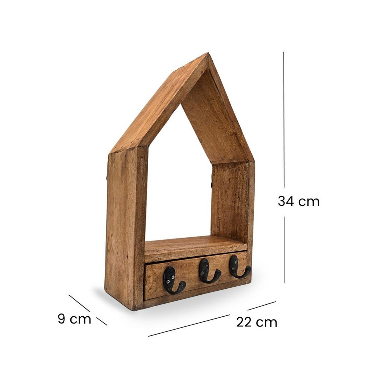 SCHLÜSSELBRETT Home Massivholz, 3 Haken, Schublade naturfarben - Naturfarben, Holz (9/34/22cm) - CREEDWOOD