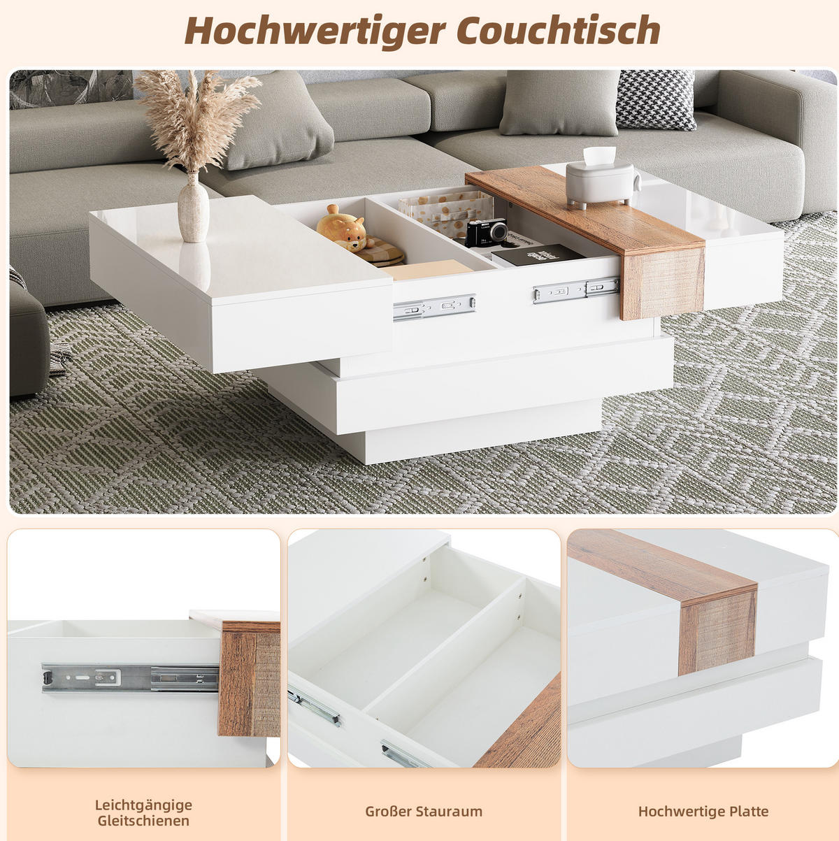 COUCHTISCH 70/70/39 cm Weiß aus Spanplatte mit ausziehbarer Tischplatte und Stauraum - Weiß, Holzwerkstoff (70/70/39cm) - OKMYHOME