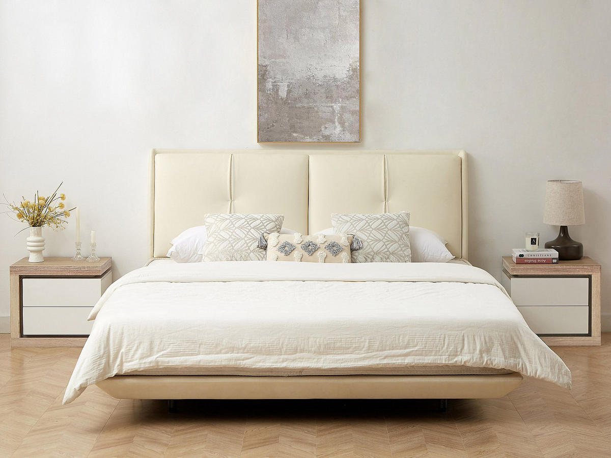 NACHTTISCH mit 2 Schubladen - linke Seite - Mit LED-Beleuchtung - Weiß lackiert und Holzfarben - FLARANCIA - Naturfarben, Holz (50/45/40cm) - Vente-Unique