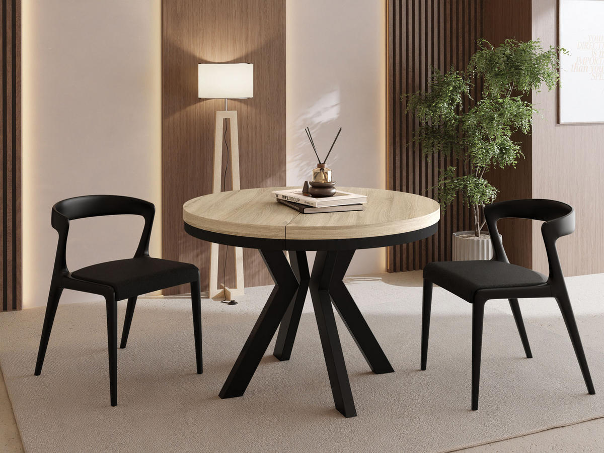 ESSTISCH Savio Neo rund ausziehbar verlängerbar, Eiche Sonoma Hellbraun 90-190/90/77 cm - Schwarz/Sonoma Eiche, Holz/Holzwerkstoff (90/90/77cm) - WFL GROUP