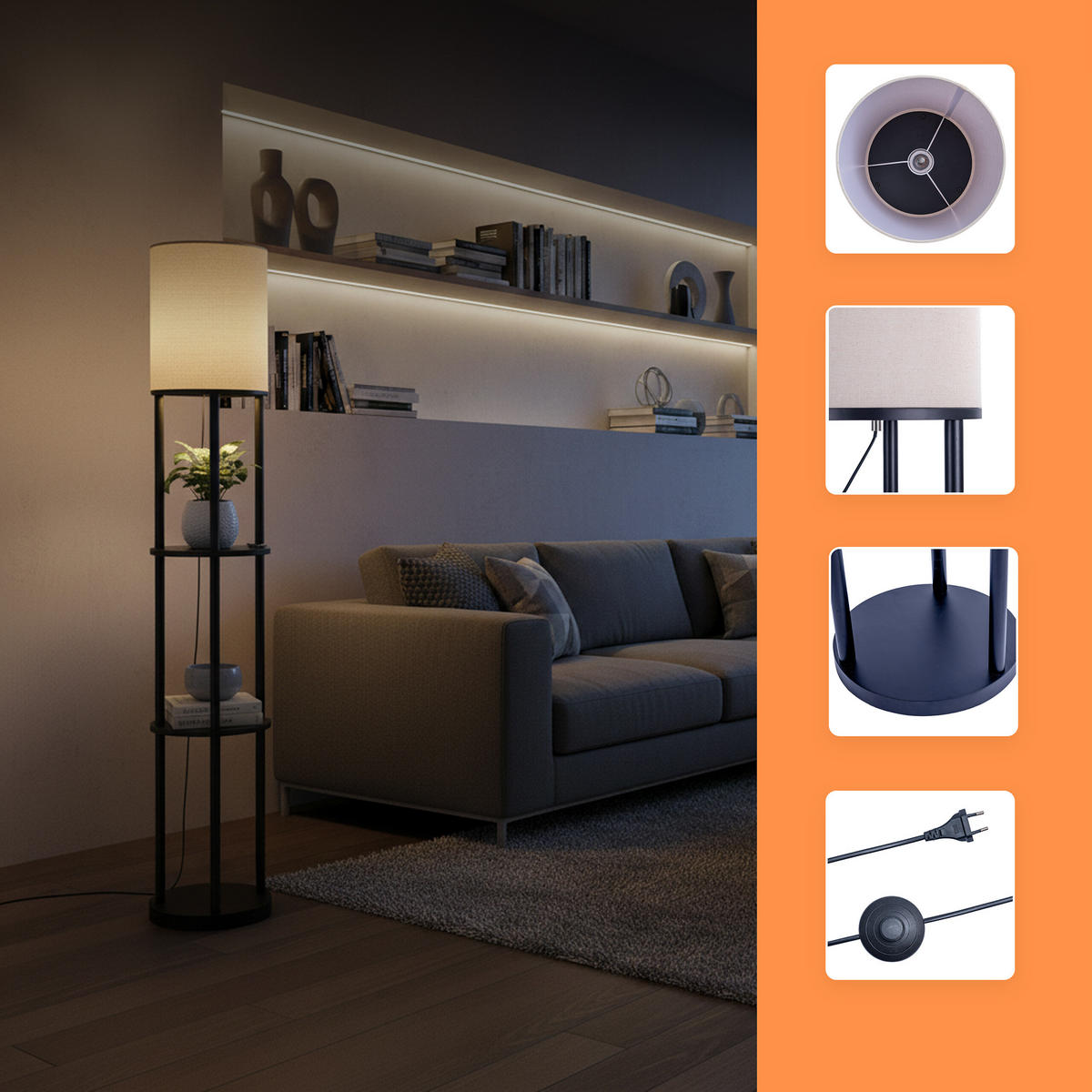 STEHLAMPE Schwarz Weiß 3 Ablagen Leinenschirm E27 180 cm - Schwarz, Holz/Textil (30/30/180cm) - Relaxdays