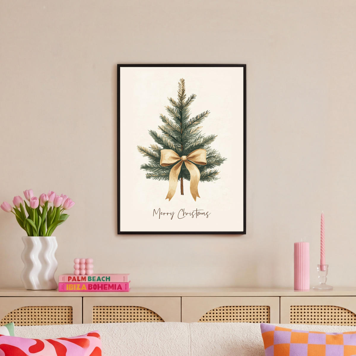 LEINWAND Bilder mit Rahmen - Weihnachtsbaum - Weihnachten - Frohe Weihnachten - Beige - 60x80 - Sandfarben, Textil (60/80cm) - MuchoWow