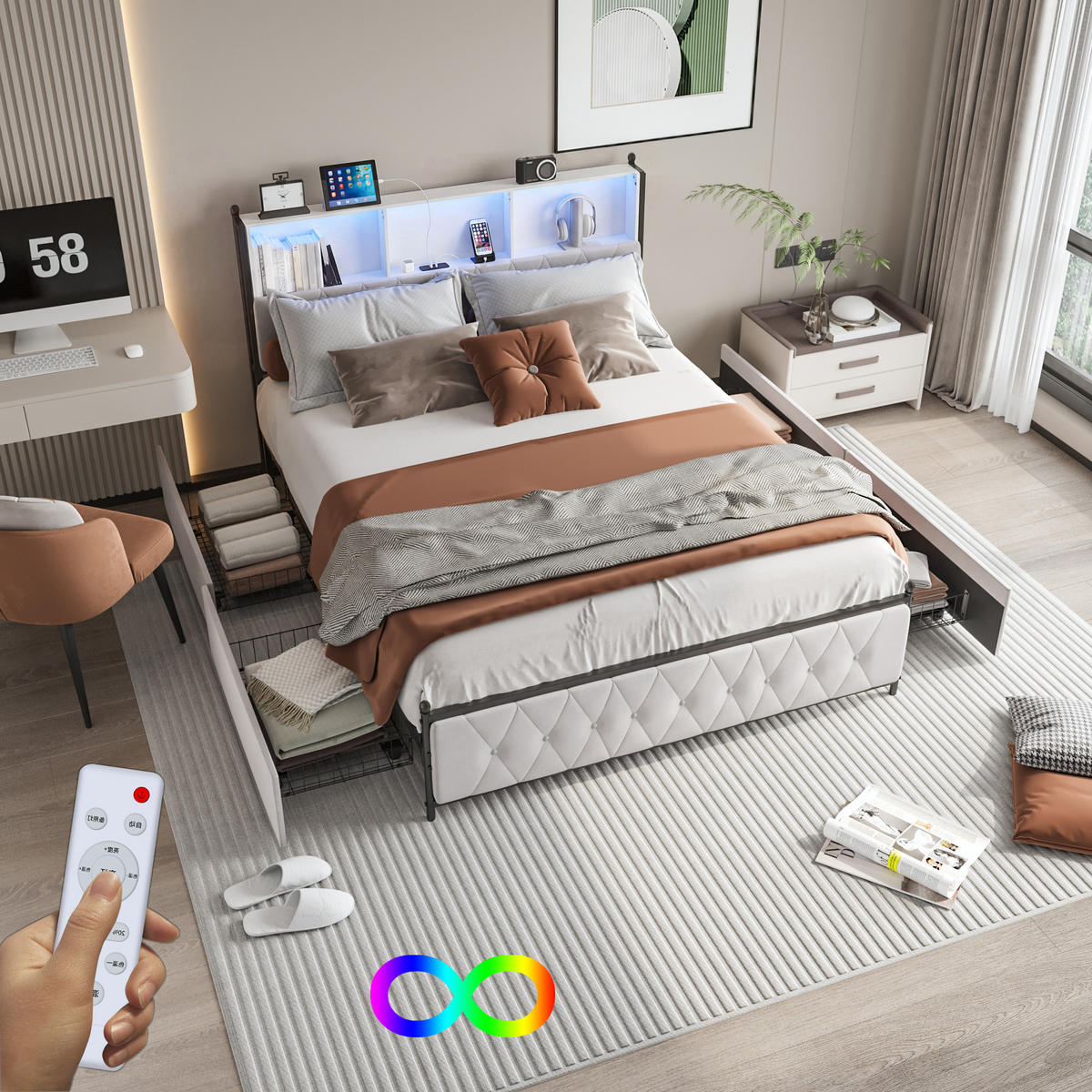 POLSTERBETT 160x200 cm, 3 Stauraumfächer am Kopfteil, RGB-LED, USB & Typ-C, 4 Stauraumschubladen, Samtstoff, Beige - Beige, Holz (160/200cm) - BRILVERDE