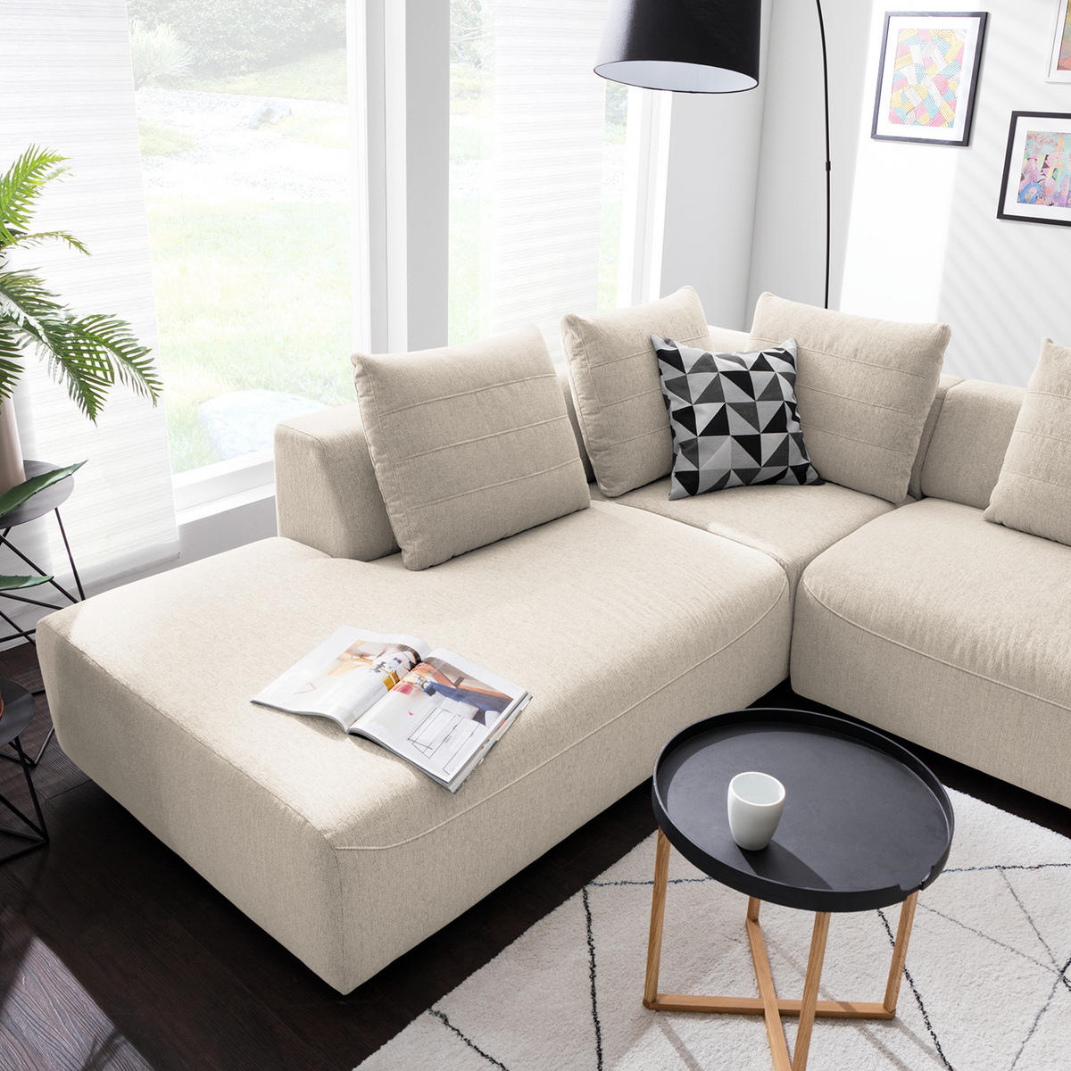 ECKSOFA mit Ottomane - Webstoff - Beige/Schwarz, Kunststoff/Textil (283/237cm) - home24