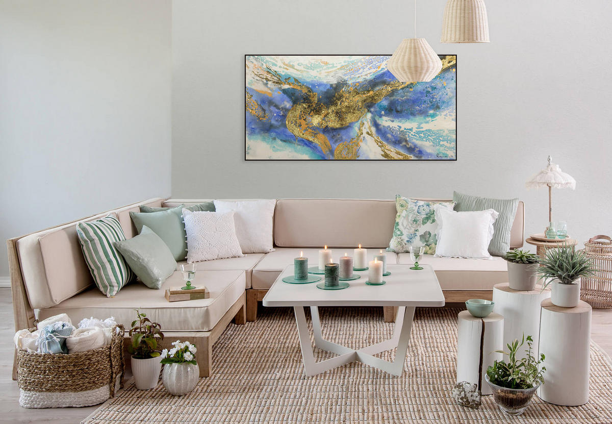 ACRYLBILD HANDGEMALT 120/60 cm - Blau/Goldfarben, Holz/Textil (120/60cm) - KUNSTLOFT