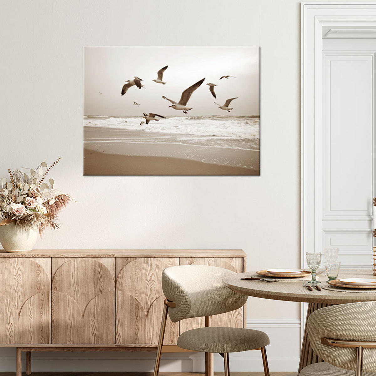 LEINWANDBILD Möwen Vögel Meer Strand Natur 120x80cm - Beige, Textil (120/80cm) - Feeby