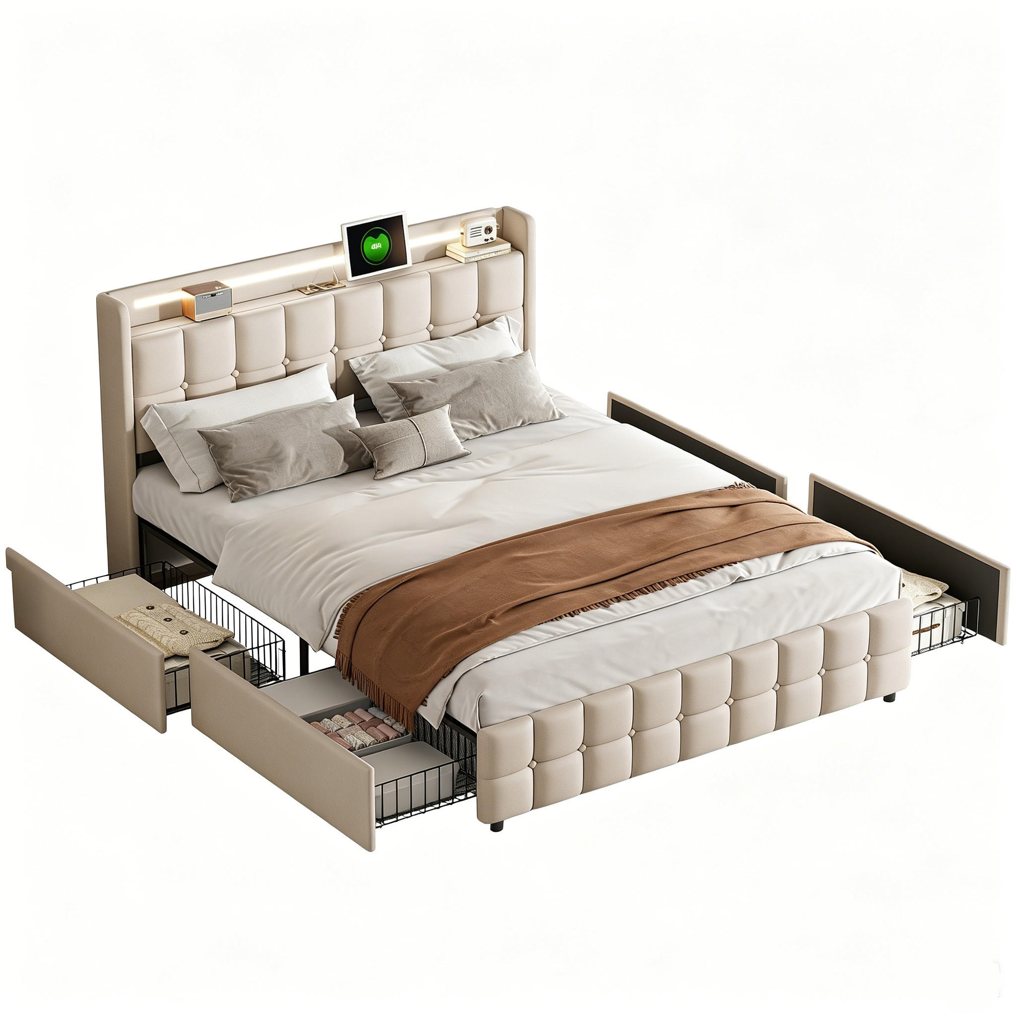 POLSTERBETT mit Schubladen, LED Kopfteil und Lattenrost modernes Bettgestell - Beige/Naturfarben, Holz/Metall (160/200cm) - PARAFTA HOME