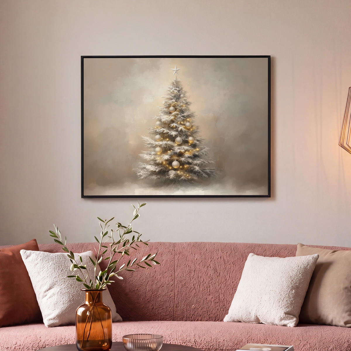 LEINWAND Bilder mit Rahmen - Weihnachten - Weihnachtsbaum - Schnee - Kunst - 70x50 - Champagner, Textil (70/50cm) - MuchoWow