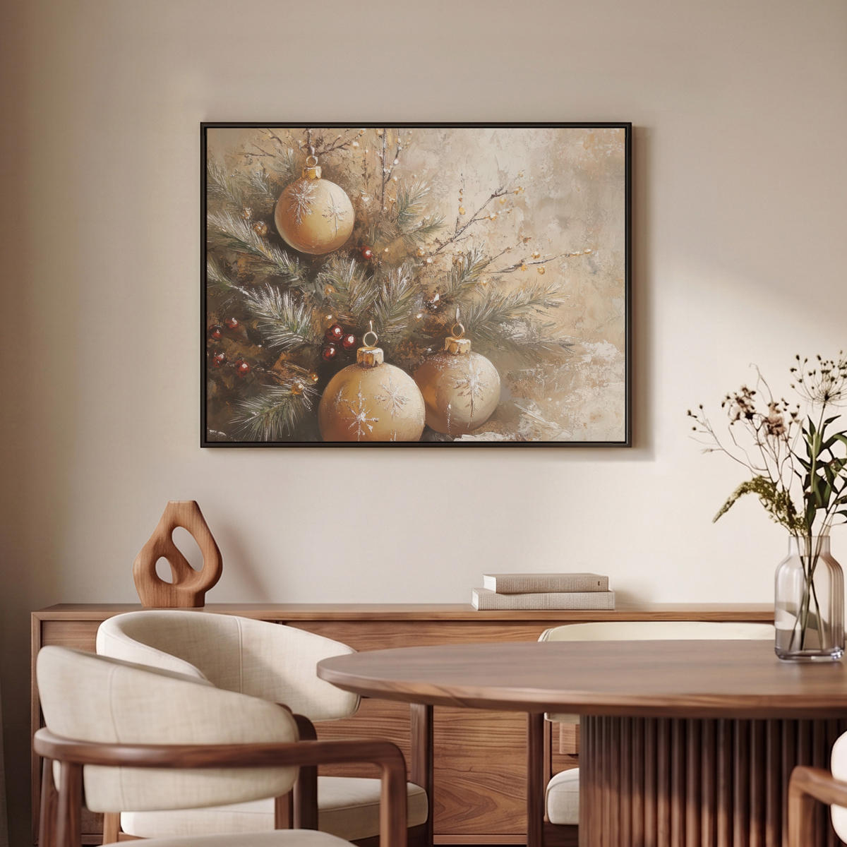 LEINWAND Bilder mit Rahmen - Weihnachten - Kugeln - Beige - Gold - 80x60 - Goldfarben, Textil (80/60cm) - MuchoWow