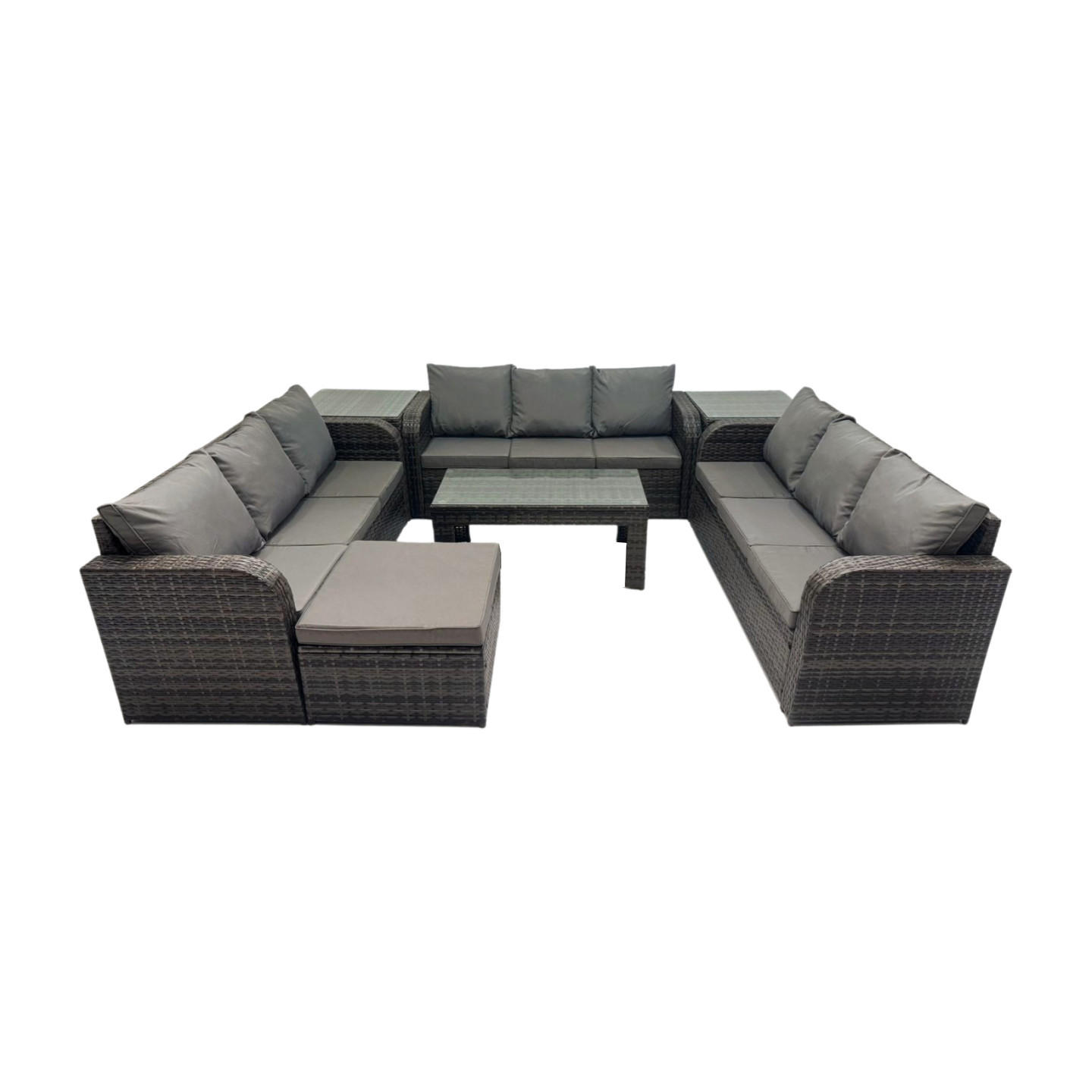 GARTENSOFA SET mit rechteckigem COUCHTISCH Polyrattan 10-Sitzer Dunkelgrau - Dunkelgrau/Grau, Glas/Kunststoff - Fimous