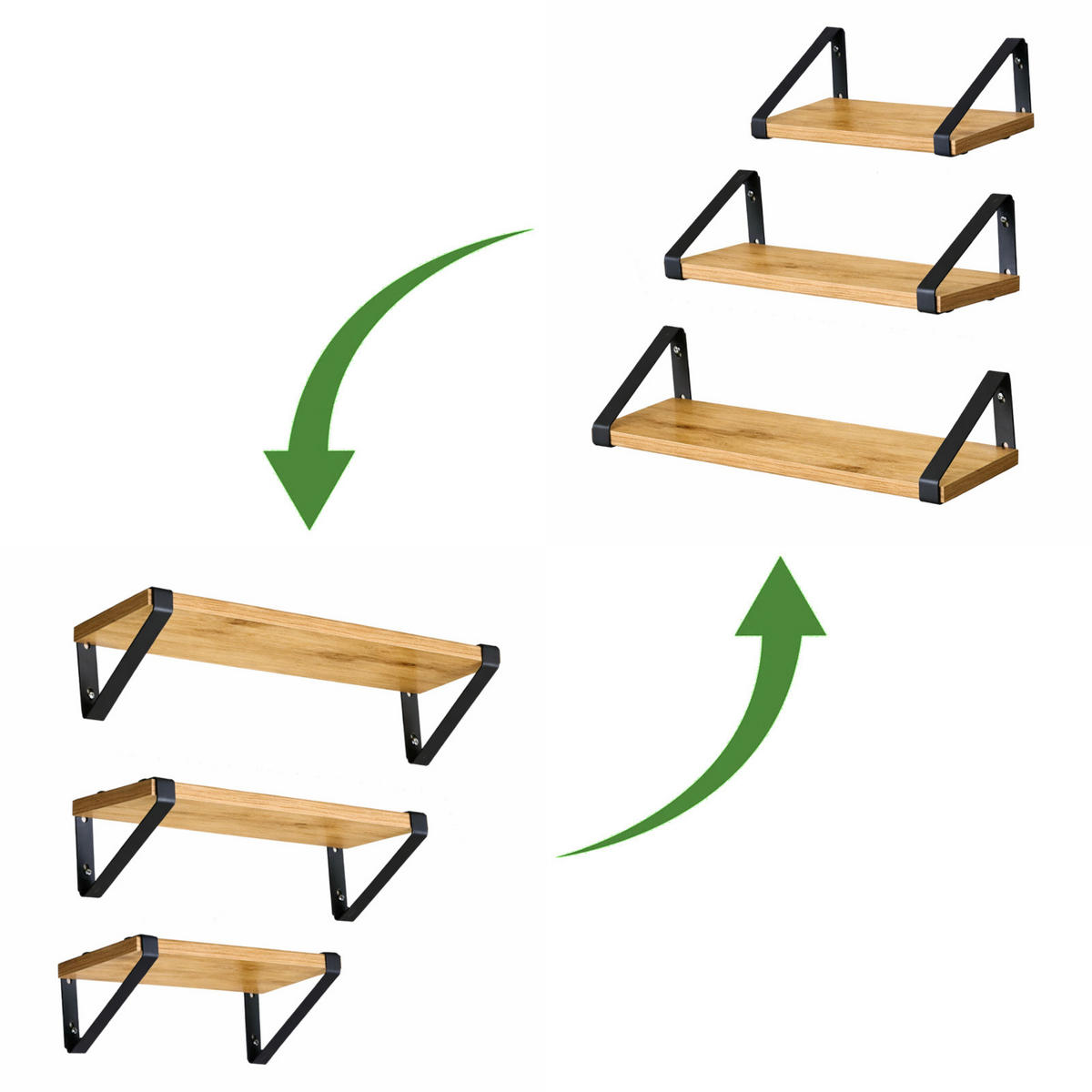 WANDREGAL Holzoptik Metall Eichefarben Schwarz SET 3 STK 40x12x11 cm 35x12x11 cm 30x12x11 cm - Eichefarben/Schwarz, Holzwerkstoff/Metall (12/11/40cm) - Begryf