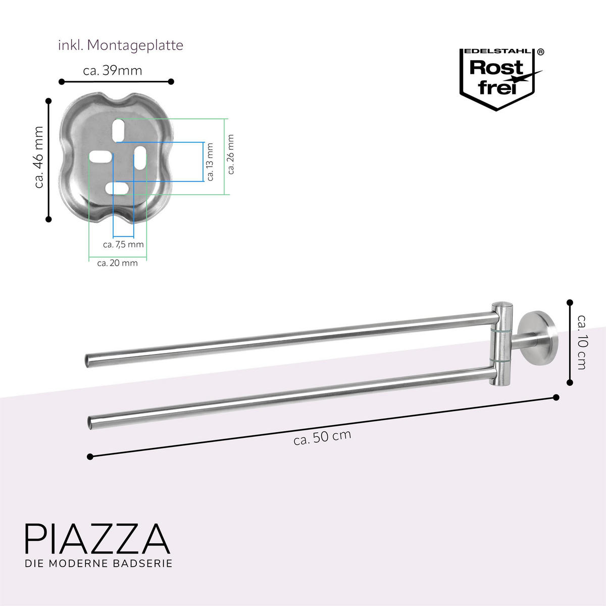 HANDTUCHSTANGE PIAZZA Edelstahl, inkl. Klebeset - Silberfarben, Metall (5.8/10/50cm) - bremermann