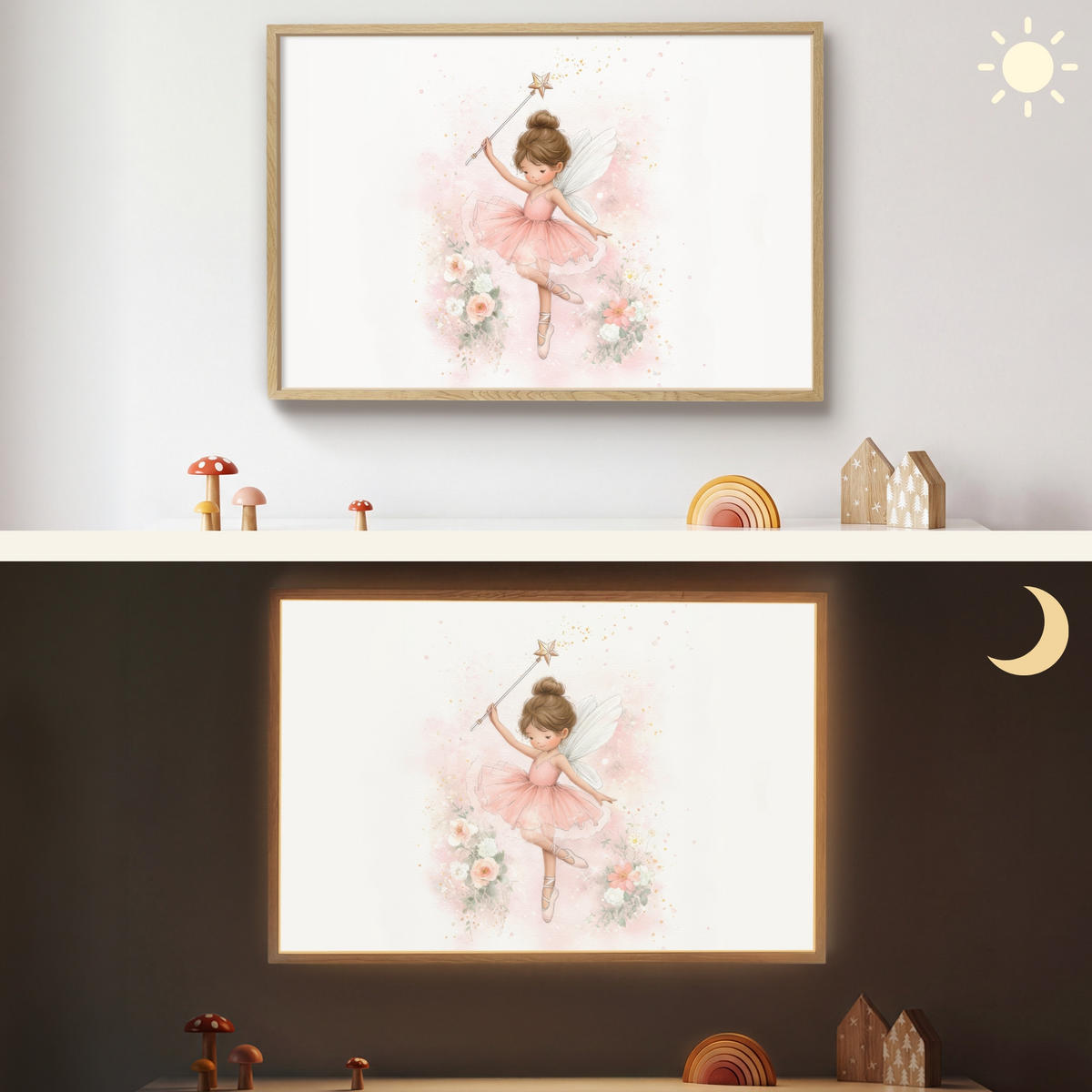 NÁSTĚNNÁ LAMPA S AKUMULÁTOREM Baletka - Víla - Květiny - Růžová 90x60 cm - růžová, kompozitní dřevo (90/60/8cm) - OnlyWow