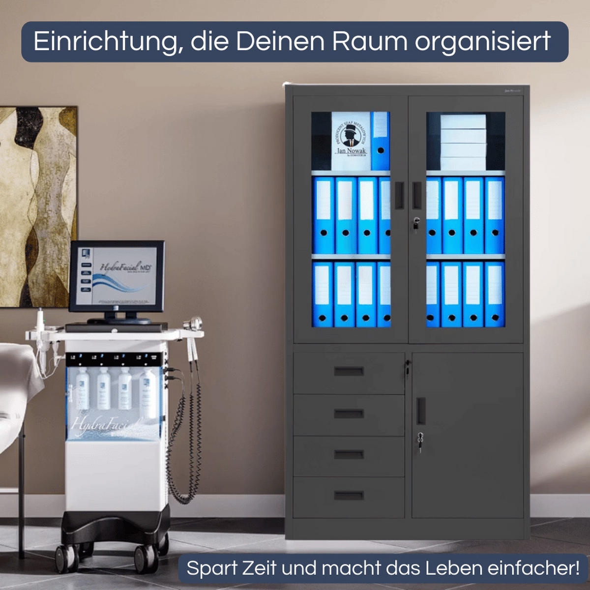 VITRINENSCHRANK abschließbar PUMME mit Schubladen 185x90x40cm Anthrazit - Anthrazit, Metall (90/185/40cm) - DELUKE