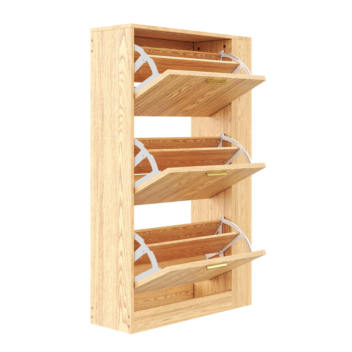 SCHUHSCHRANK mit 3 Türen zwei Schuhablagen offenen Fächern Holzfurnier modernes Design - Naturfarben, Holzwerkstoff/Metall (70/115/23.5cm) - EVRYAE