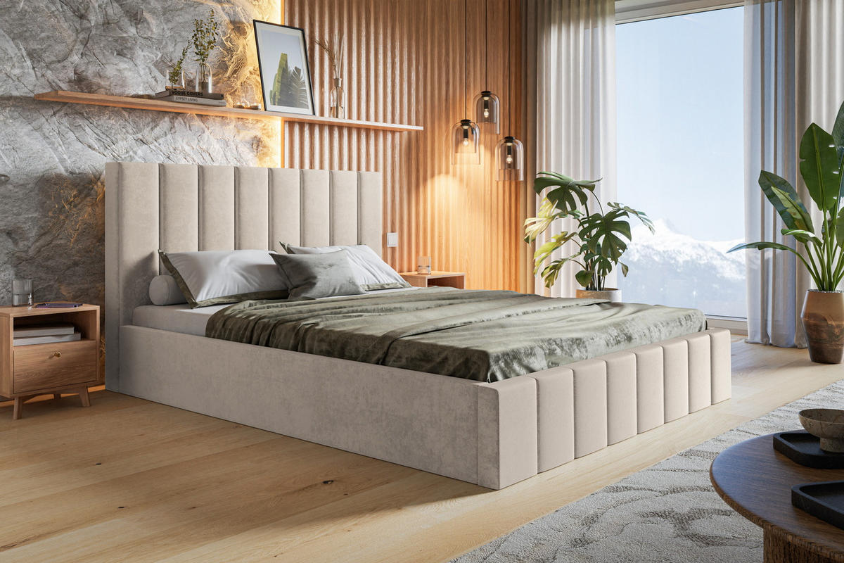 POLSTERBETT 180x200 Moris mit Kopfteil, Bettkasten Lattenrost, Beige - Beige, Holz/Textil (180/200cm) - Emporius