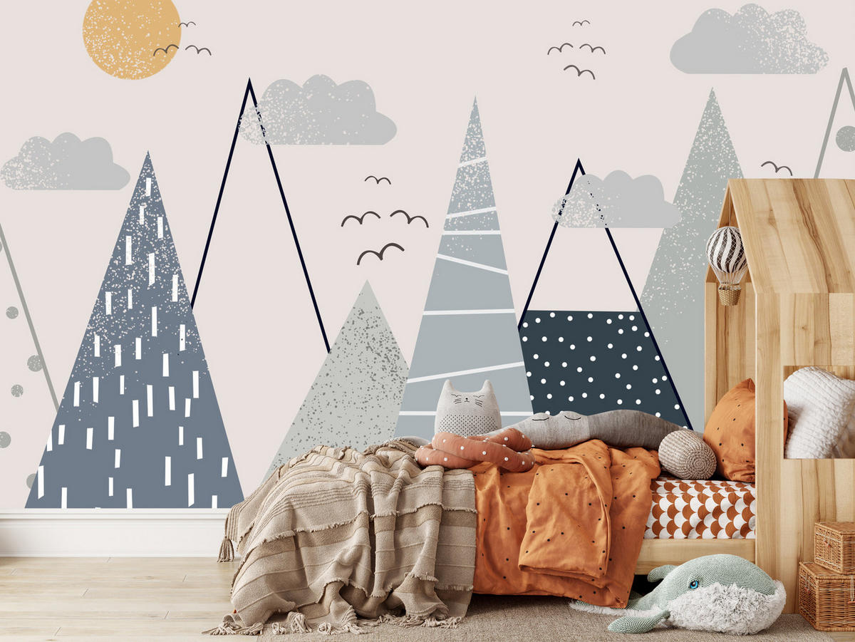 FOTOTAPETE für Kinder Berge im skandinavischen Stil 300x210 - Beige/Schwarz, Papier (300/210cm) - Muralo