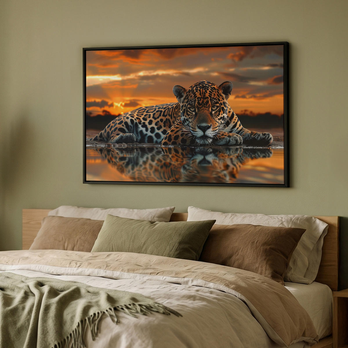 LEINWAND Bilder mit Rahmen - Natur - Leopard - Tier - Sonnenuntergang - Modern - 90x60 - Orange, Textil (90/60cm) - MuchoWow