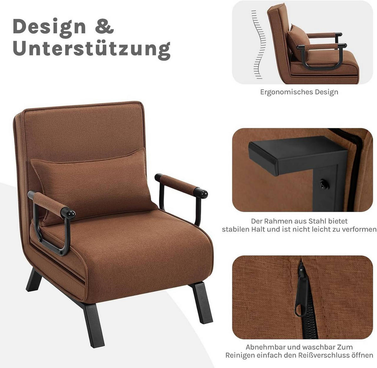 SCHLAFSESSEL 3 in 1, mit Verstellbarer Rückenlehne, Leinen Braun - Schwarz/Braun, Textil/Metall (65/78/75cm) - Woltu