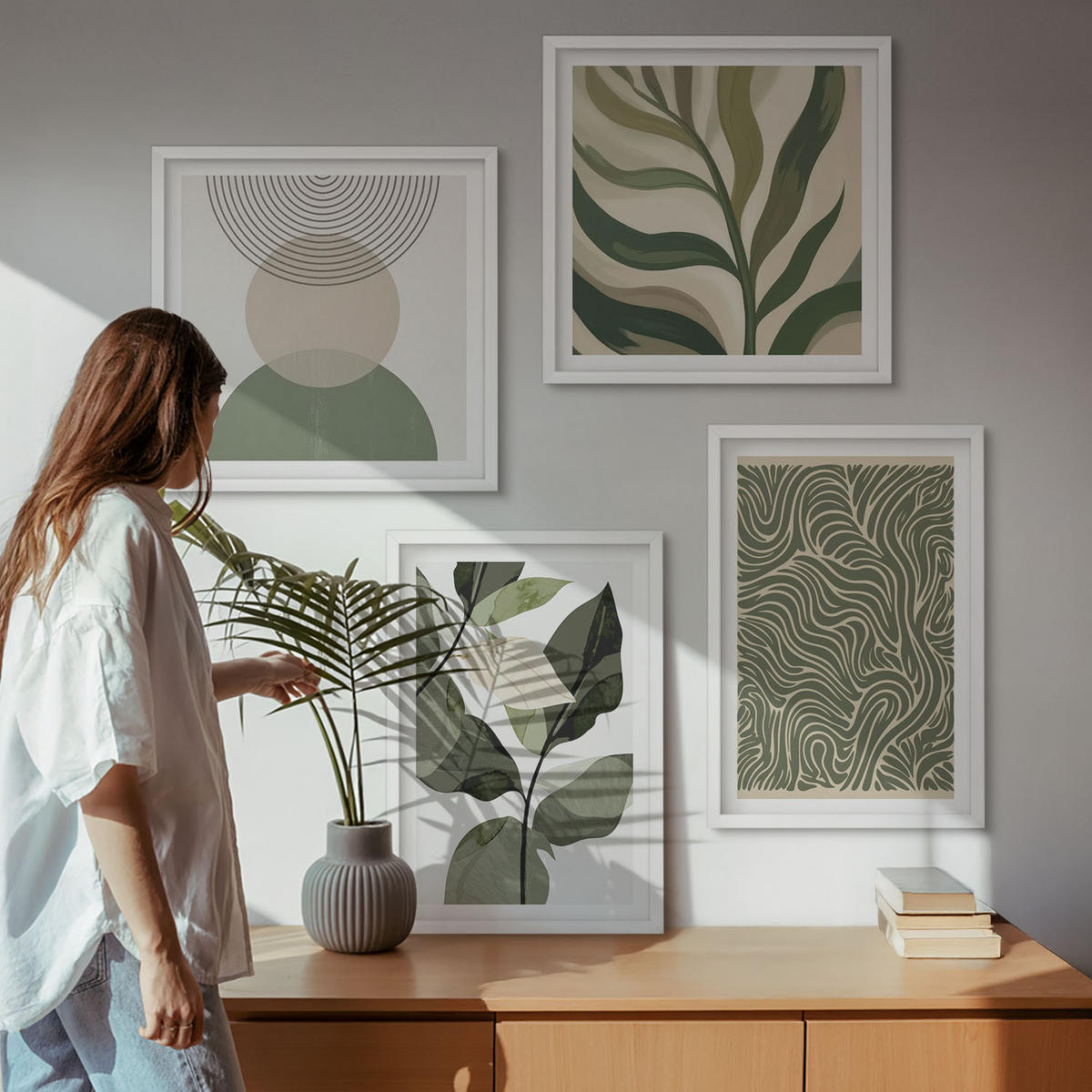 BILDER SET 4er Set - 50x50 cm & 40x60 cm Weißer Rahmen - Blätter geometrische Formen abstrakt - Weiß, Kunststoff (50/50cm) - TULUP