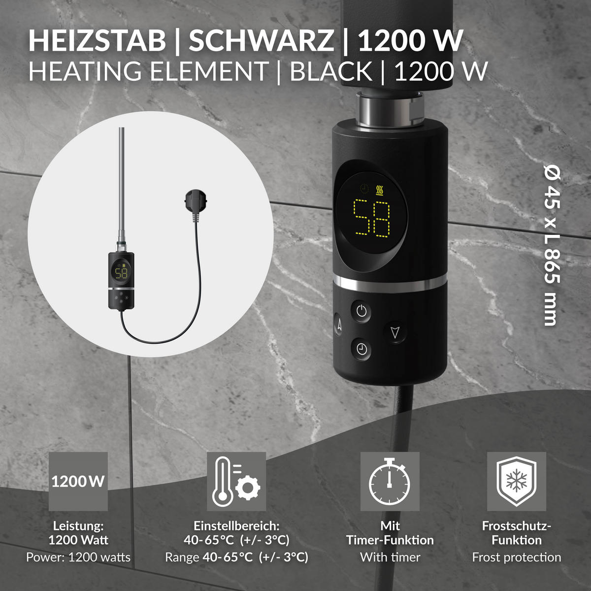 HEIZSTAB 1200W Schwarz für Badheizkörper mit Thermostat und Digitalanzeige - Chromfarben, Metall - LuxeBath